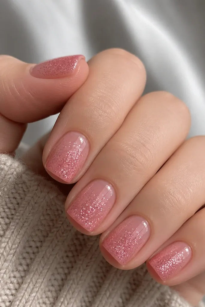 Short square nails with a glossy strawberry pink base. On each nail, micro-glitter is concentrated near the free edge and fades toward the cuticle, leaving the lower half smooth. The nails look wet-gloss and sparkly at the tips.