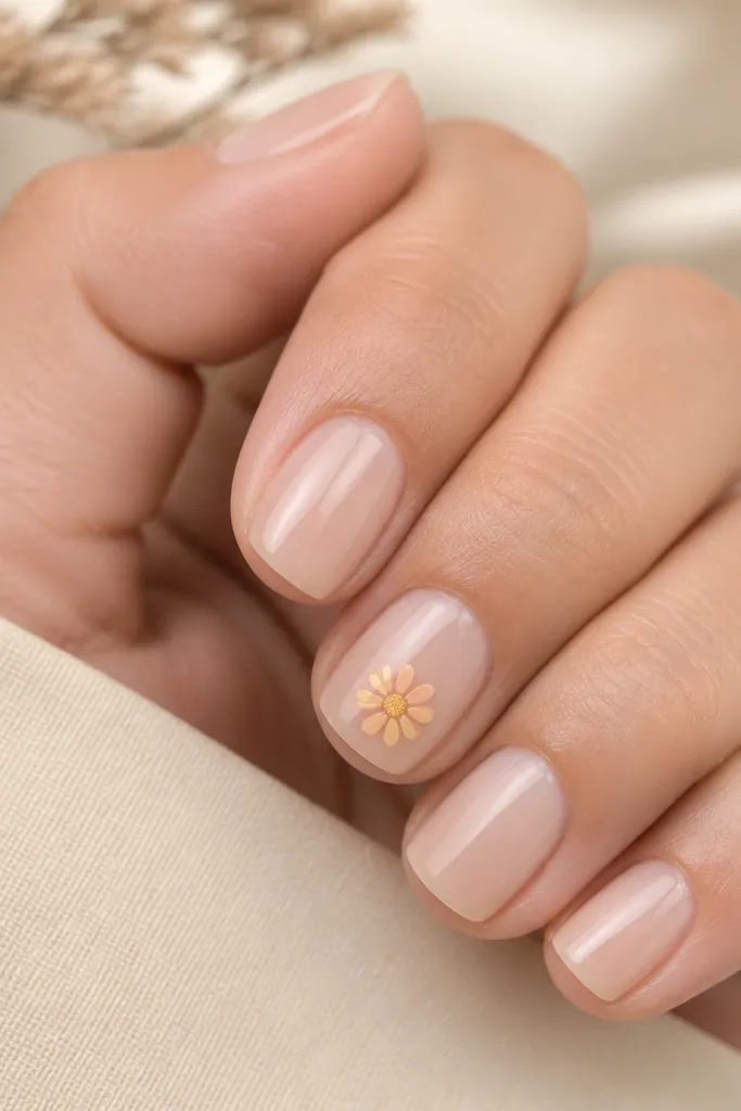 Short square nails in a nude glossy base. On one accent nail, there's a small sunflower: a yellow center circle with short petal shapes around it in soft yellow and pale orange. The petals are spaced neatly and the flower sits near the center.