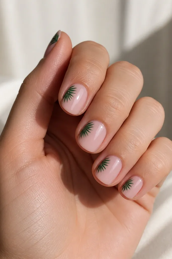 Short square nails with a clear pink base. The top edge of each nail has a small palm leaf tip in deep green, like a curved feather shape. The leaves are placed near one side, and the rest of the nail is empty and glossy.