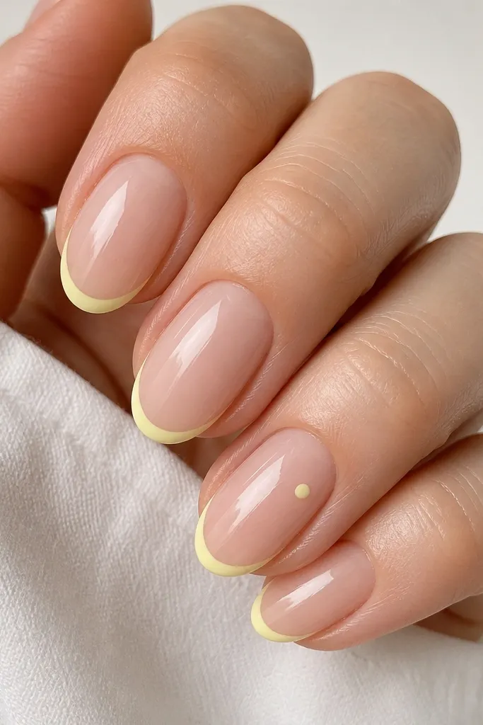 Close-up of short-to-medium almond nails with a sheer nude base. A thin butter-yellow French line sits near the tip, and the rest of the nail stays glossy and clean. No other art except one tiny dot accent on the ring finger.