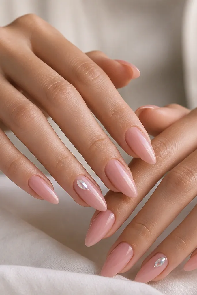 Almond nails in a soft rose pink glossy finish. On each ring finger and one middle finger, there are two tiny teardrop gems placed diagonally toward the cuticle area. The gems catch light and stay minimal.