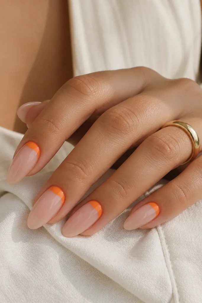 Almond nails with clear or sheer nude base. A tangerine half-moon sits at the cuticle area, sharply curved. The rest of the nail is clean and glossy with no other art.