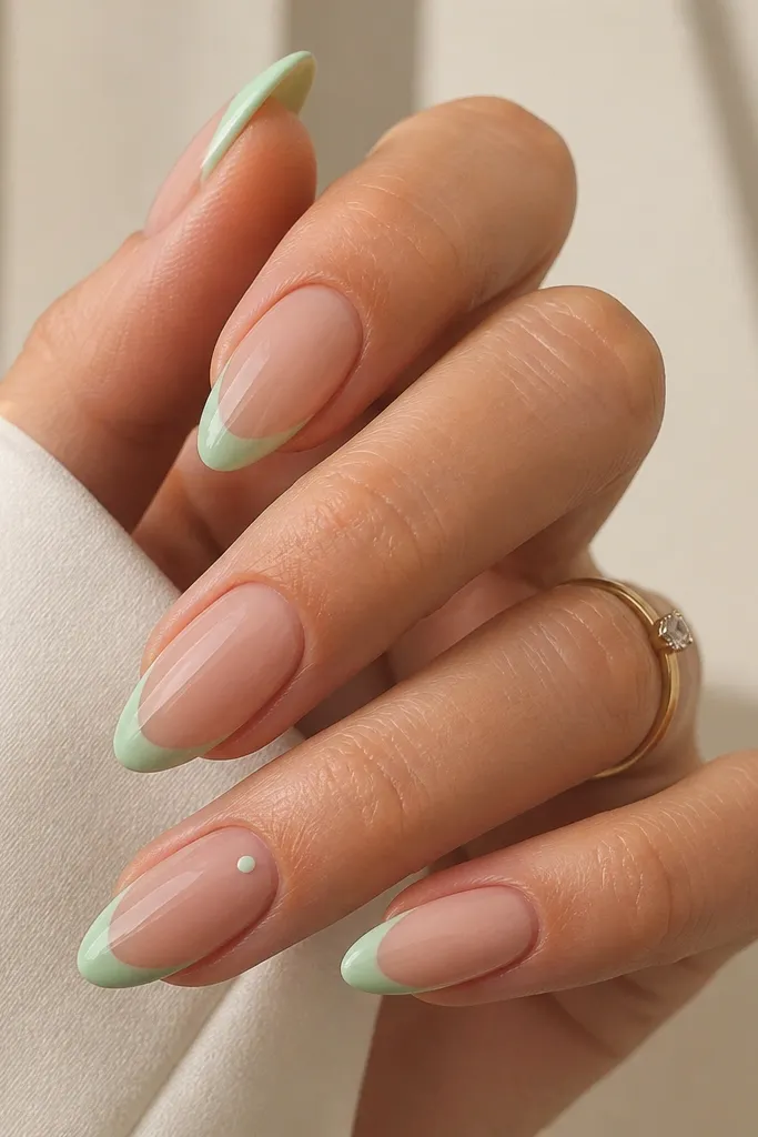 Almond nails with a nude base. The tips have a mint-green French line that's slightly wider than micro-French, still neat and glossy. The ring finger has a tiny white dot near the cuticle.