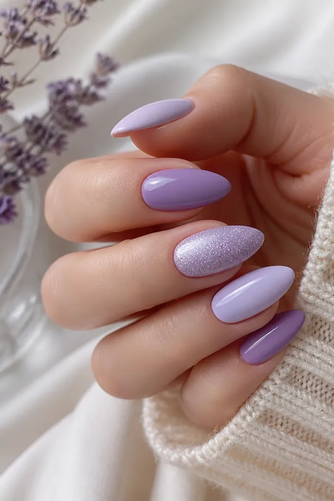 Almond nails with four shades of lavender tones: lilac, pale purple, and a slightly deeper grape. One nail has fine silver micro-glitter across the full surface; the others are solid matte or satin-gloss.