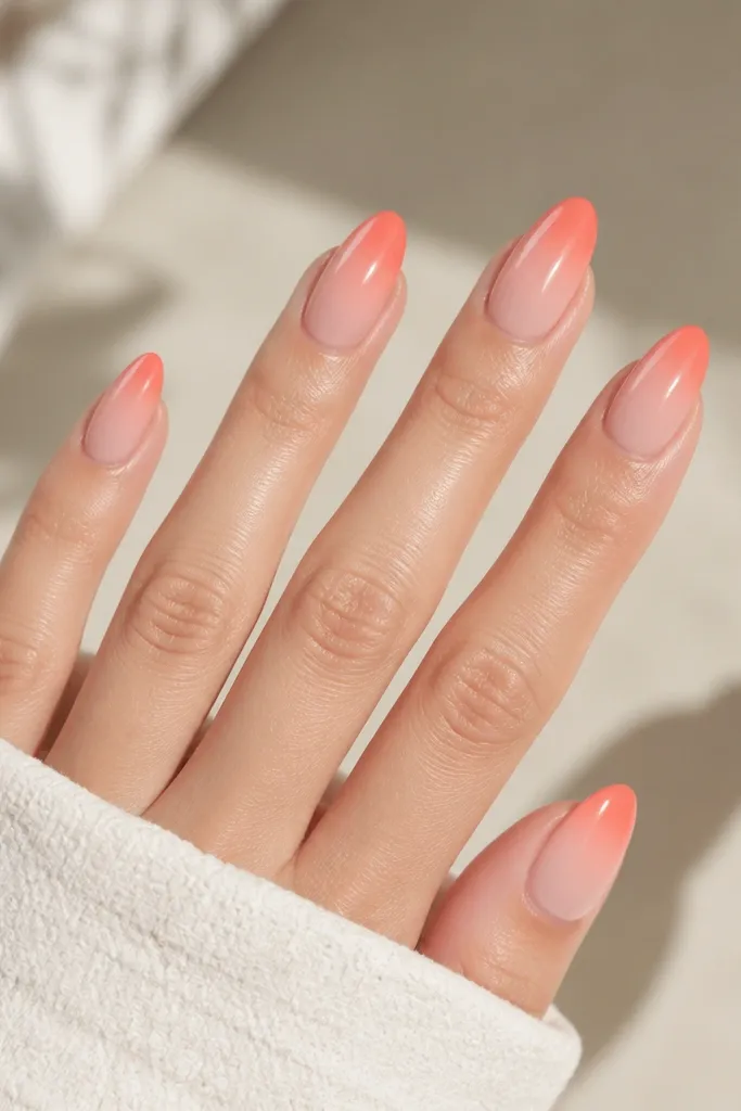 Almond nails with a nude base fading into coral at the tips. The coral is strongest at the very edge and fades smoothly toward the center, with a glossy finish.