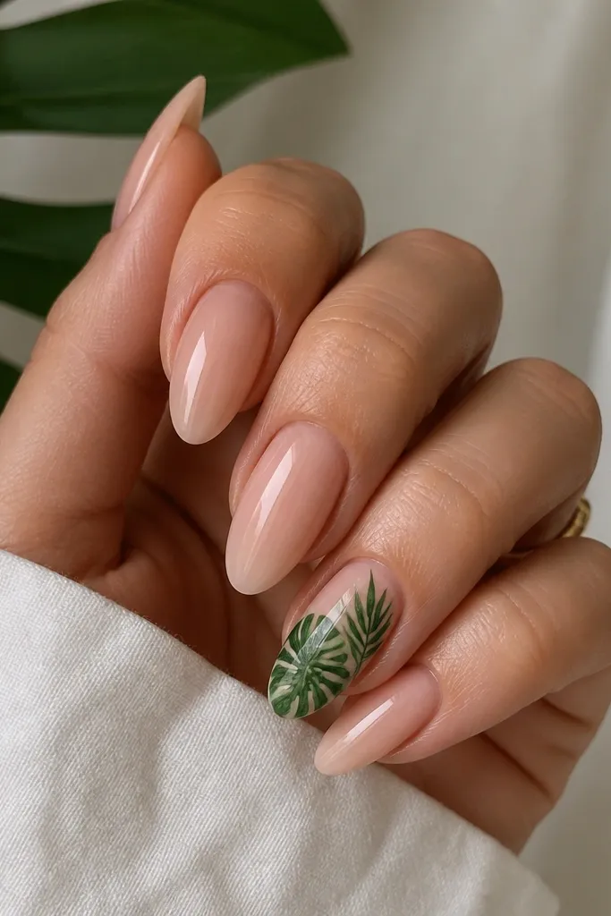 Almond nails in a sheer nude glossy base. On the ring finger, there's a small tropical leaf cluster painted in deep green with a few lighter green accents. Other nails are plain.