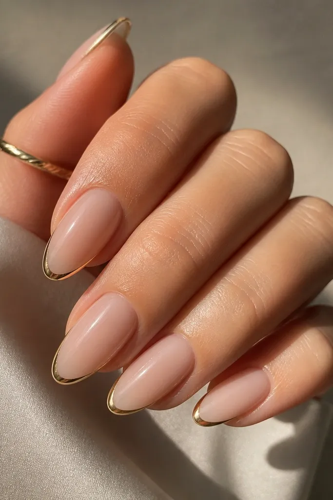 Almond nails with a glossy sheer nude base. A thin gold line outlines the French tip - it looks like a wire frame around the tip. The lines are neat and symmetrical.
