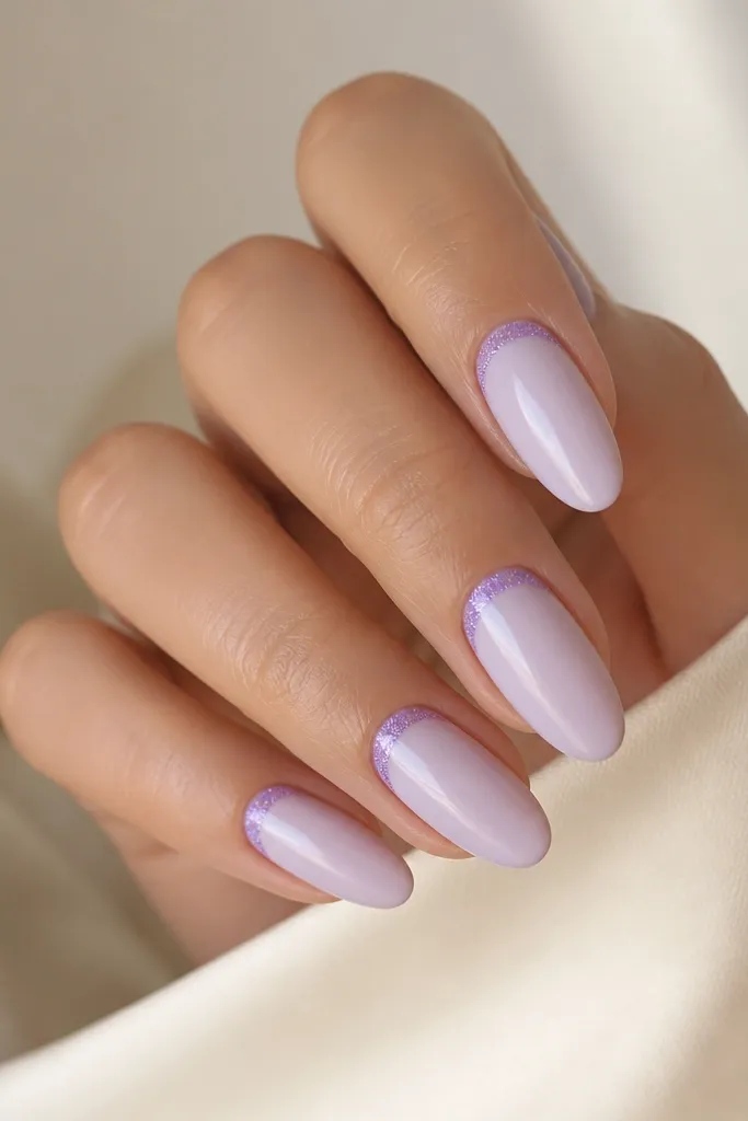 Almond nails with a milky lavender base. Around the cuticle, there's a thin halo of fine lavender glitter forming a curved ring. The rest of the nail is smooth and glossy.
