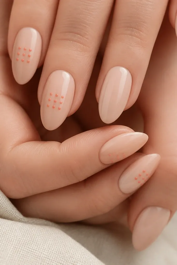 Nude almond nails glossy and clean. On three nails, there's a small coral dot grid near the center made of evenly spaced dots in two rows. Other nails are plain nude.