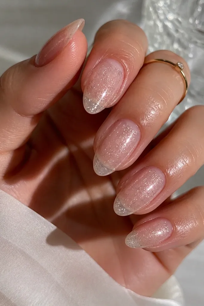 Almond nails with a clear or very sheer base. Each nail has fine champagne shimmer scattered evenly, with no solid color blocks. The nails look glossy and catch light constantly.