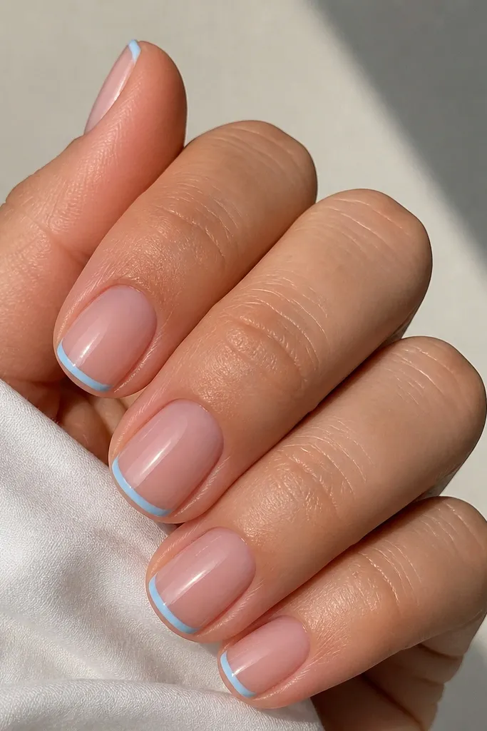 Short square nails with sheer nude base. French tips are ultra-thin and icy sky blue, forming a small micro smile near the free edge. Glossy topcoat with crisp white-blue edge, no sparkle, clean sidewalls.