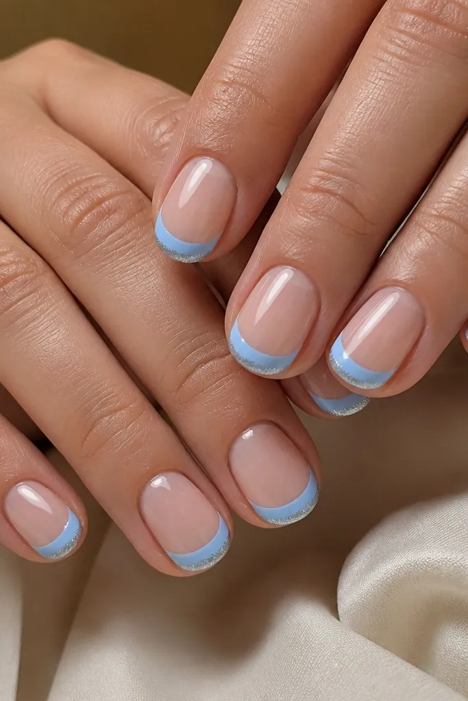 Short-to-medium rounded nails with sheer nude base. French tips are sky blue with a tiny glitter fade only at the very edge of the tips. Fine sparkle, glossy topcoat, no large chunks.
