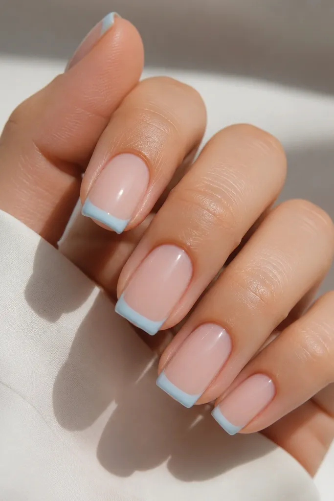 Square nails with sheer nude base. Sky blue French tips are standard, but there's a faint sky blue tint along the sidewalls near the free edge. Glossy finish, very clean center.