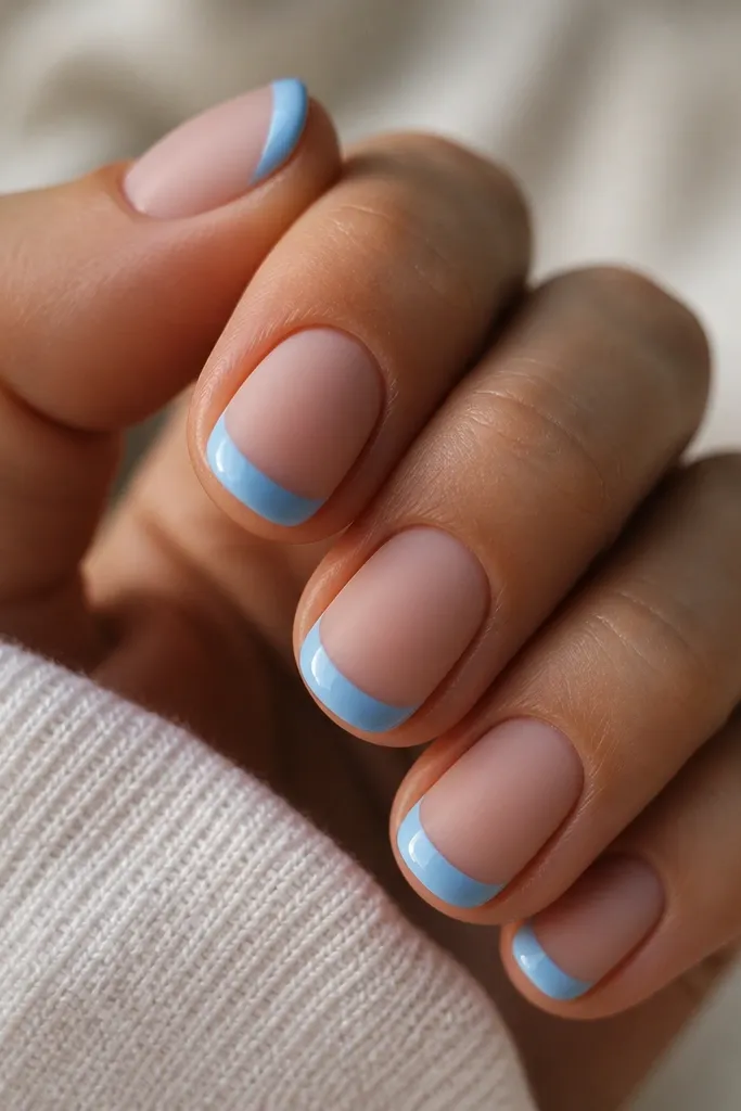 Short rounded nails with matte nude base. French tips are sky blue in glossy finish, creating a clear texture contrast. The blue tips shine under light, base looks velvety.