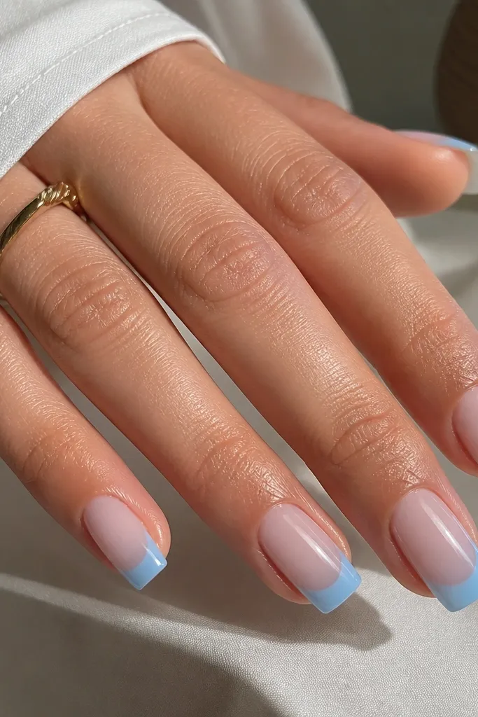 Medium square nails with sheer nude base. French tips look jelly-like and slightly translucent sky blue, with a smooth glossy finish. The tips are medium width and very evenly applied.