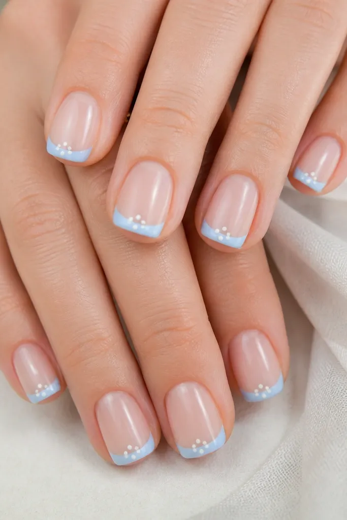 Short square nails with sheer nude base. French tips are sky blue and glossy. At the center apex of the tip, there's a tiny cluster of three small white dots.