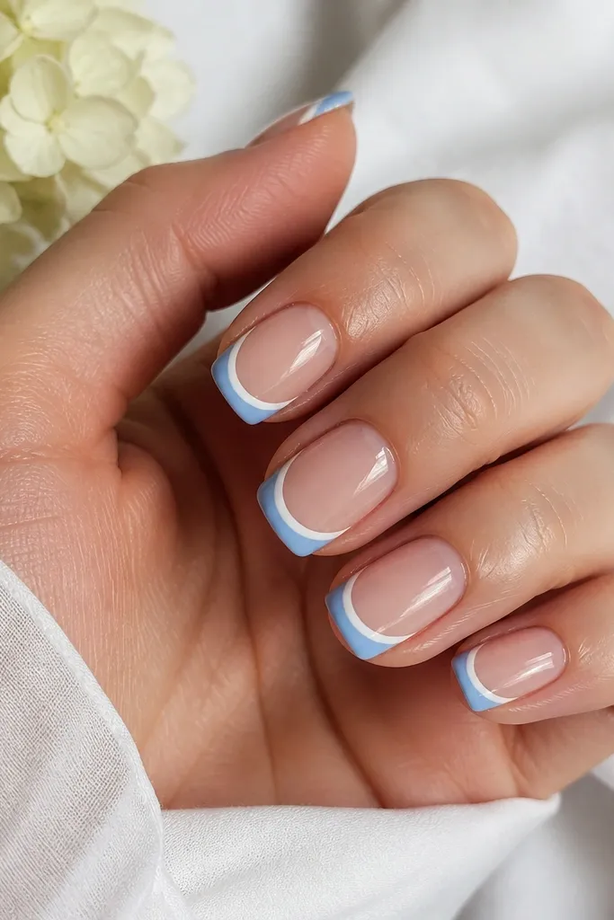 Short-to-medium nails in a cool powder sky blue French tip. The smile line is porcelain milky white, crisp and slightly thicker at the center. The base is sheer nude, and the whole nail has a glassy high-shine top coat with a clean, rounded tip edge.