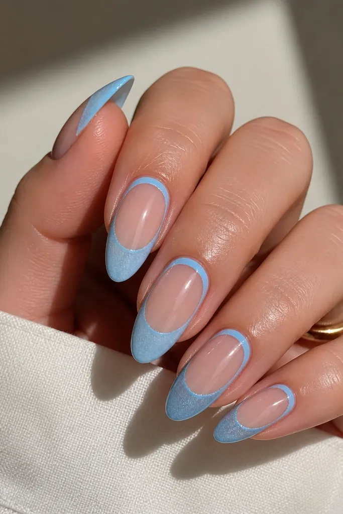 Medium almond nails with a sheer nude base. The cuticle area has a clear jelly frame outlined in sky blue, forming a rounded rectangular window. The French tip is sky blue with a frosted, lightly textured finish in the center. The outer edges stay smooth and glossy, creating a crisp frost-to-gloss contrast.