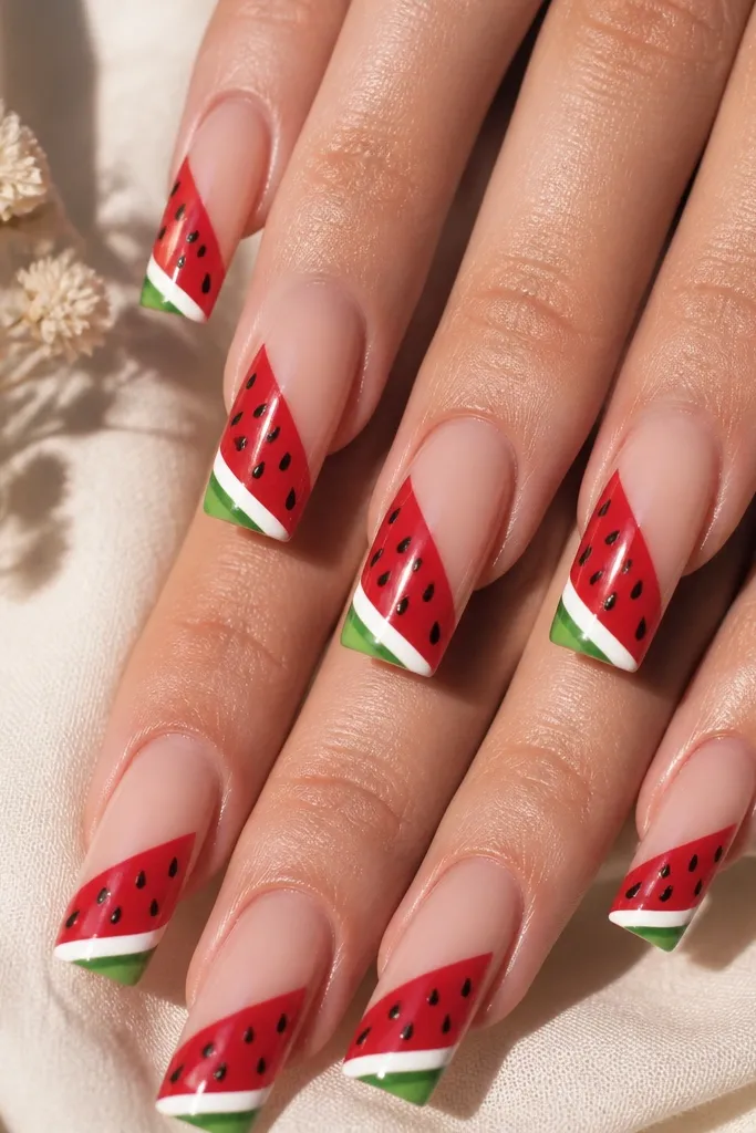 Long square acrylic nails with a glossy nude base. Each nail shows a red watermelon wedge diagonally across the center, a thin white rind stripe, and a tiny green tip near the free edge. The corners are sharp and the design has crisp edges.