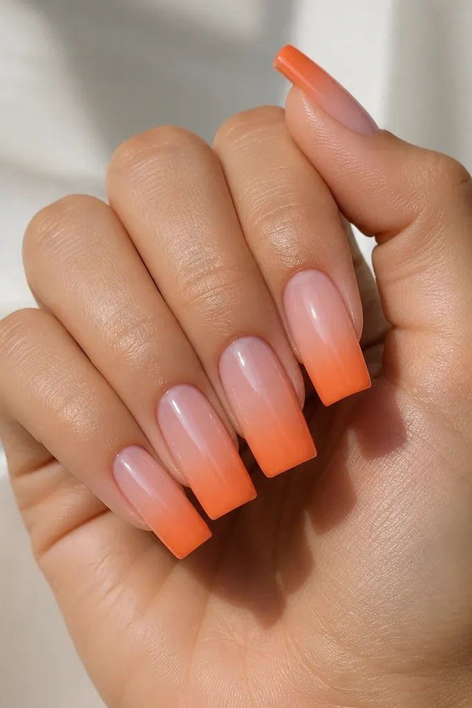 Long square nails with a sheer pink base. The free edges fade from soft peach to deeper orange like a gradient sunset, with a glossy jelly finish and no extra art besides the fade.