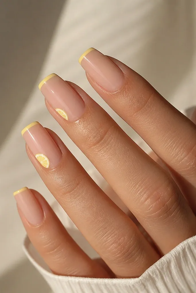 Long square nails with a sheer nude base. A super thin micro-French line runs across the tips in bright lemon yellow. Two nails have tiny lemon slices drawn near the sidewalls.