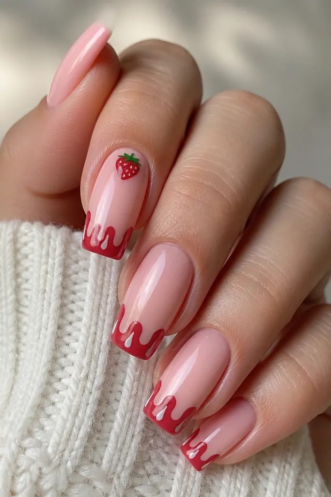 Long square nails with a creamy pink base. The free edges have a strawberry red drip effect with small white "milk" gaps, and one nail includes a tiny strawberry icon near the cuticle.