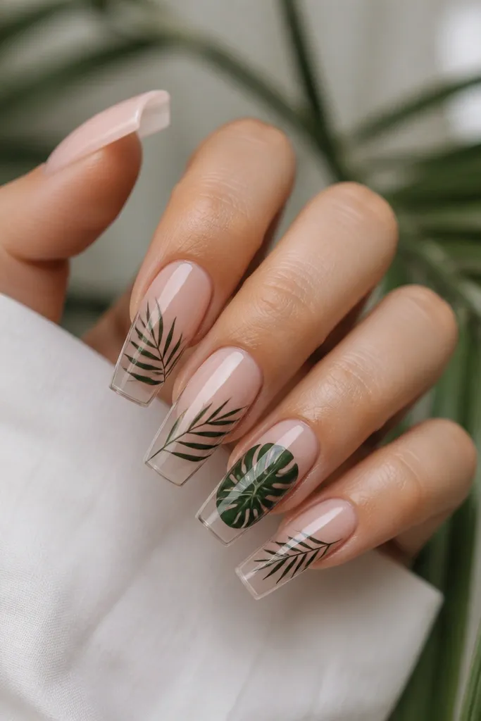 Long square nails with a sheer nude base and clear negative space panels. Black and deep green palm leaf lines fan out diagonally, with one accent nail showing a solid green leaf.