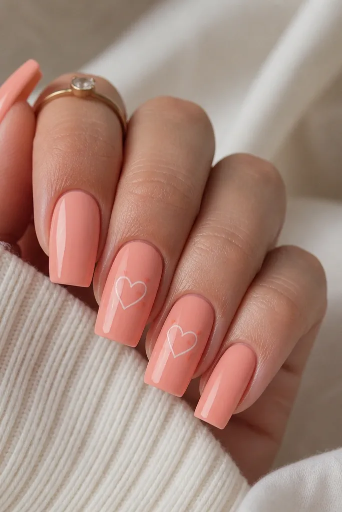Long square nails with a soft coral base. Hearts are drawn as thin white outlines on the center third, and tiny coral dots sit near the heart points on two nails.