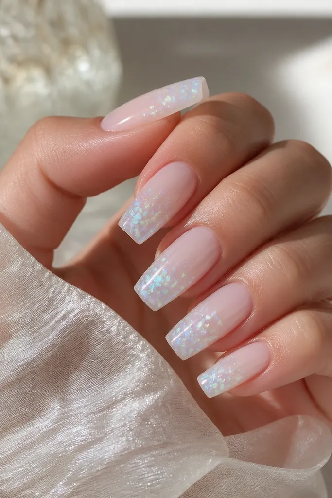Long square nails with a milky translucent base. Each nail has scattered opal sea-glass flakes near the free edge, with subtle teal and lavender reflections under a glossy topcoat.