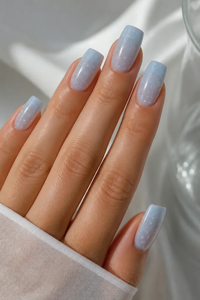 Long square nails with a sheer baby-blue base. Tiny white star dots are scattered in a pattern - more concentrated toward the center and free edge. The nails are glossy and smooth.
