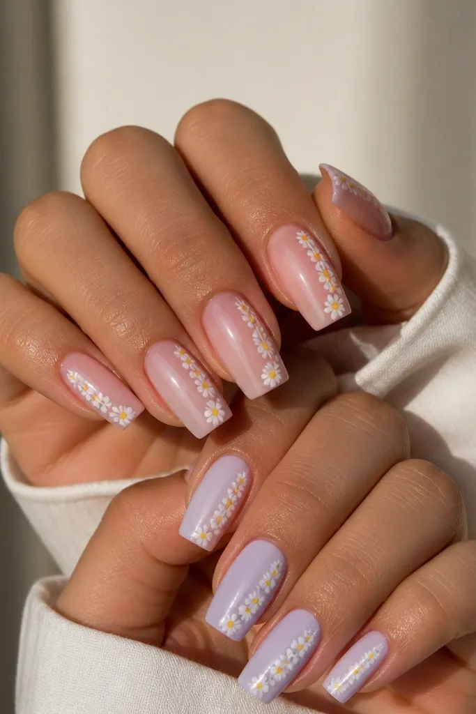Long square nails with a soft pastel base (some nails are sheer pink, some are pale lavender). A single side stripe runs from mid-nail to the tip in white, with small yellow daisy centers and white petals.