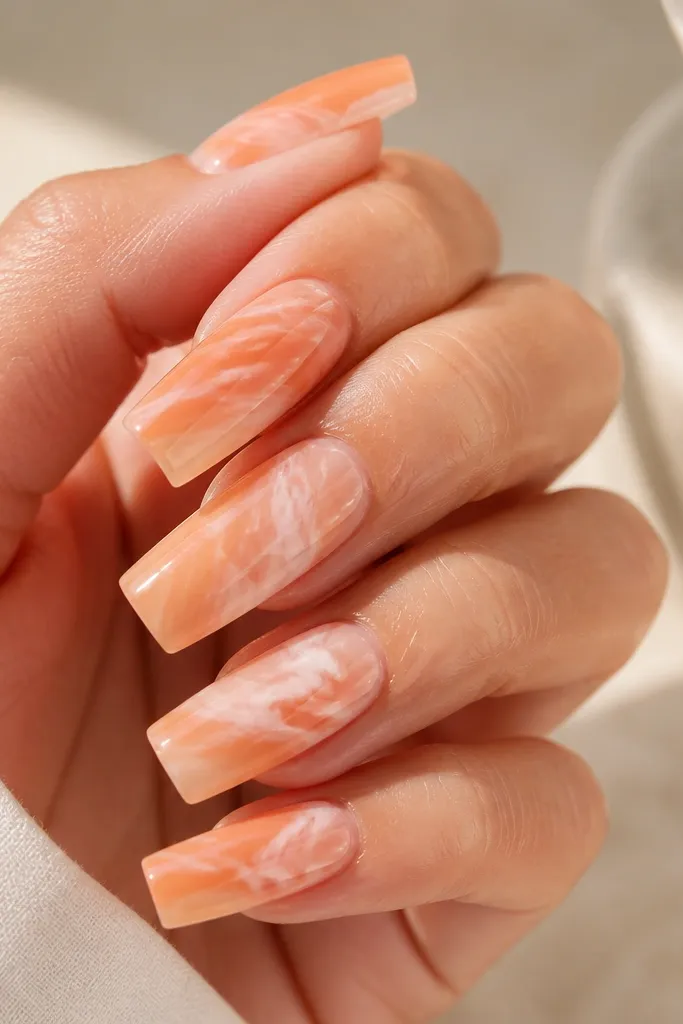 Long square nails with a milky orange base. White and pale peach marble swirls run diagonally across each nail, with a glossy finish that looks like polished stone.