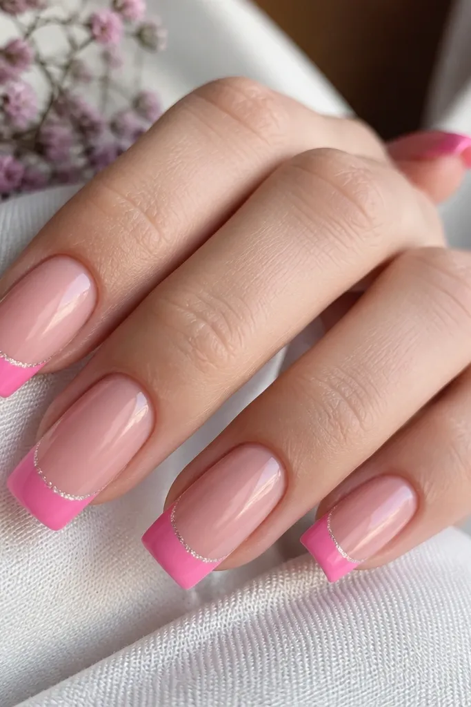 Long square nails with a sheer pink base. A bright pink French tip covers the last 2-3 mm, and a thin line of fine silver micro glitter sits at the border between base and tip. Glossy topcoat.