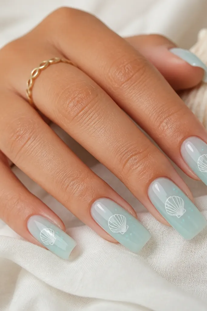 Long square nails with a sheer aqua base. White line-art shells sit near the center third on each nail, with tiny dot accents in light teal. High gloss finish.