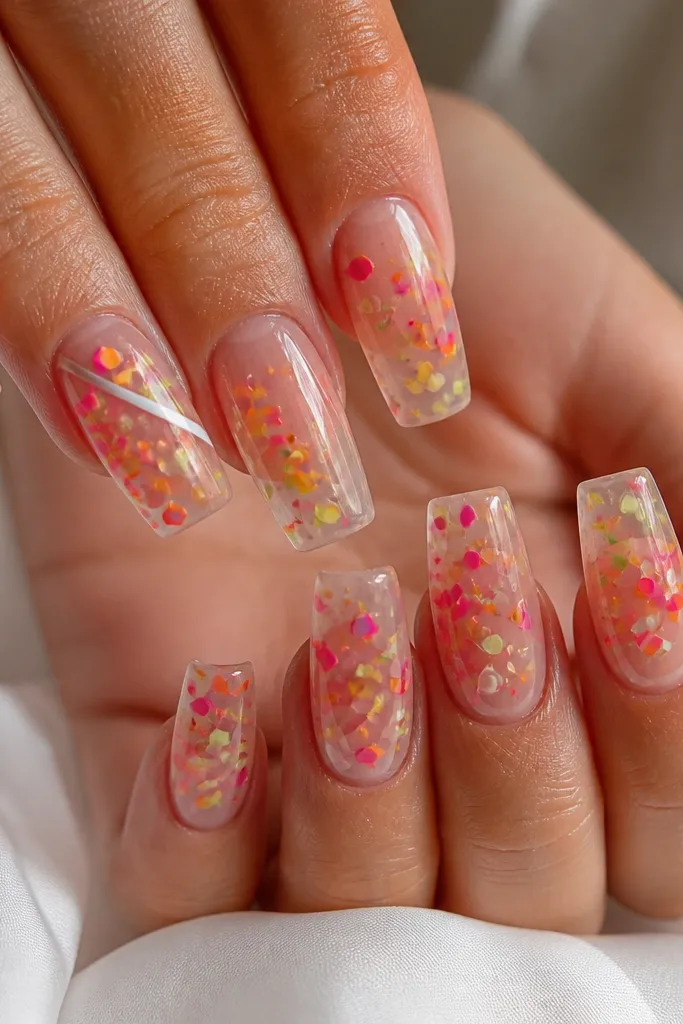 Long square acrylic nails with a clear sheer base. Each nail has tiny candy confetti pieces in hot pink, tangerine, lime green, and lemon yellow suspended under glossy top coat. One accent nail on each hand has a diagonal burst of confetti with a thin white gel line, and the tips catch the light like glass.