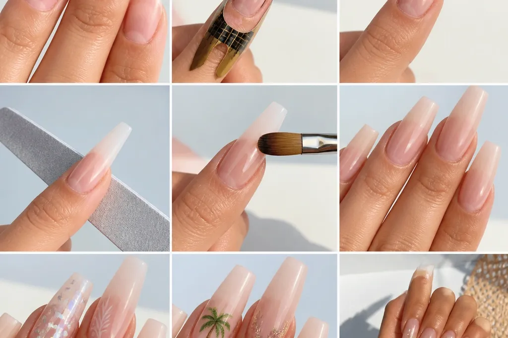 Step by step Long Square Acrylic Nails Summer at home