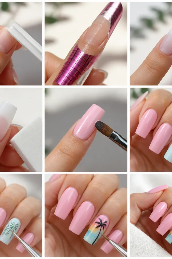 Step by step Long Square Acrylic Nails Summer at home