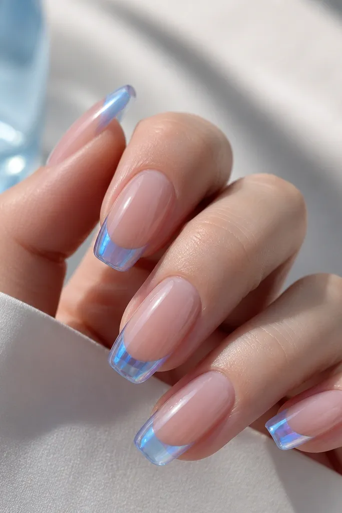 Clear jelly nails with faint pink undertone. The French tips are ice-blue, semi-transparent but still bright, with a smooth curved edge and high shine.