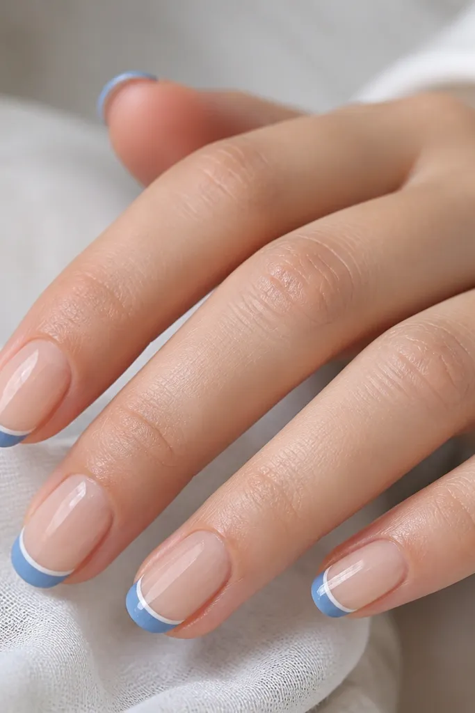 Sheer nude nails with blue tips. A very thin white line sits just behind the blue smile curve, creating a double-line effect. The blue is glossy and the white is crisp and opaque.