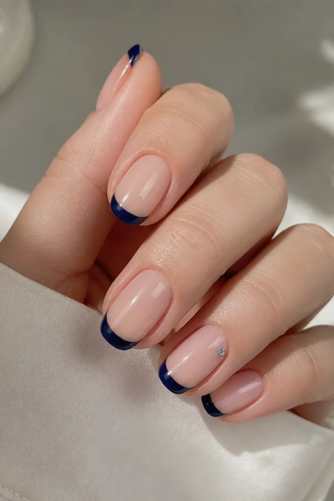 Nails with a sheer nude base and sapphire-blue French tips. On one nail, a single tiny rhinestone sits near the cuticle at the outer corner, catching light. Glossy finish.