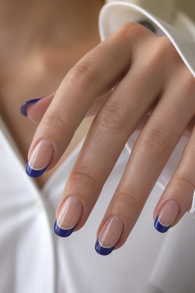 Nude base nails with blue tips. Inside the blue tip, there is a thin negative-space curved line that creates a hollow effect. The blue is glossy and the inner curve is clean and straight.
