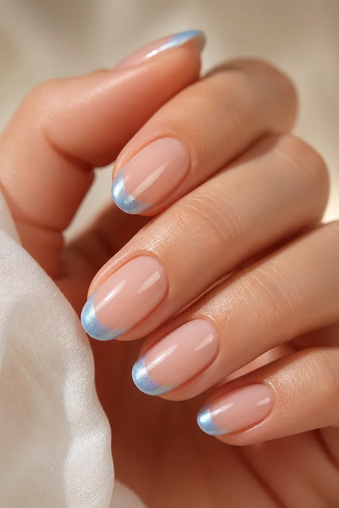Sheer nude nails with blue French tips. Over the tips, there's a subtle pearl shimmer that catches light, while the base stays mostly clear and natural. Glossy finish.