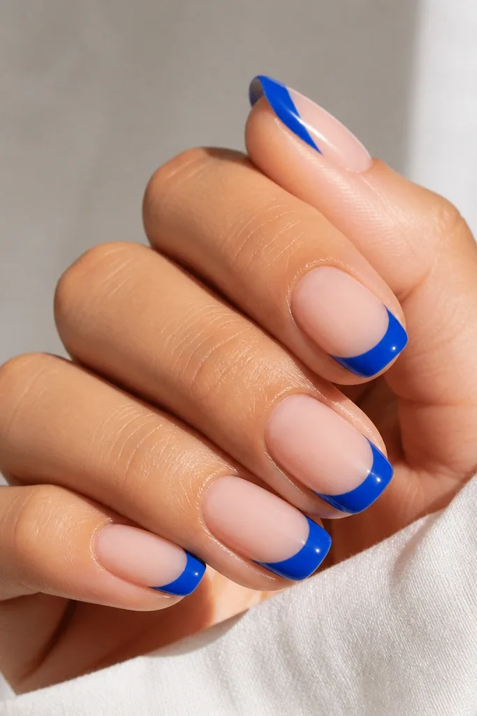Nude base nails with bright blue French tips. The tips have a slightly thicker, high-domed glossy edge that catches light along the smile line. The line looks extremely crisp and smooth.