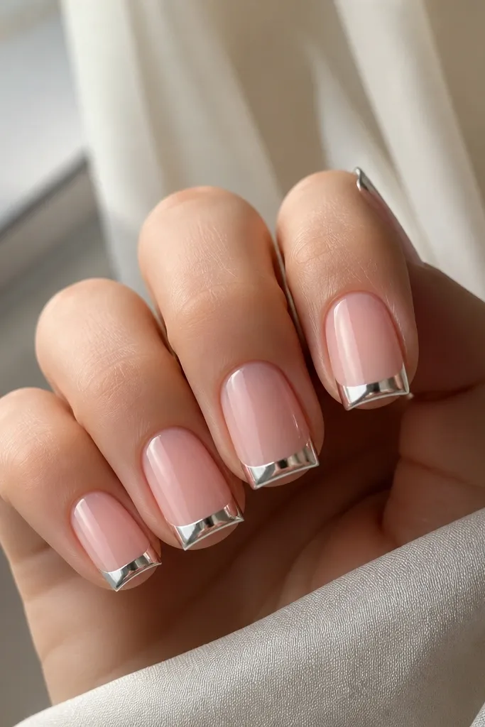 Square nails with a thin white French smile line at the tip. The white area is coated in high-gloss mirror chrome, reflecting light like a small mirror. Nude base is sheer pink, edges are perfectly straight at the corners.