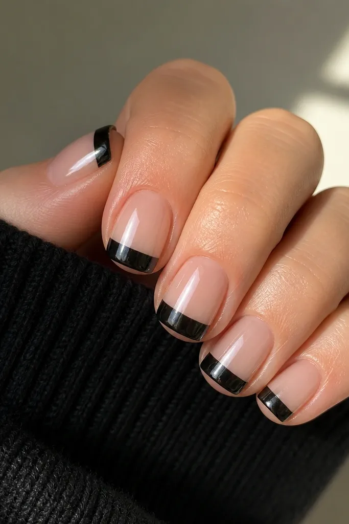 Short square nails with a clear nude base. The French tip is a solid black band, crisp and straight across the tip corners. Black areas are covered with dark chrome that reflects as smoky silver highlights.