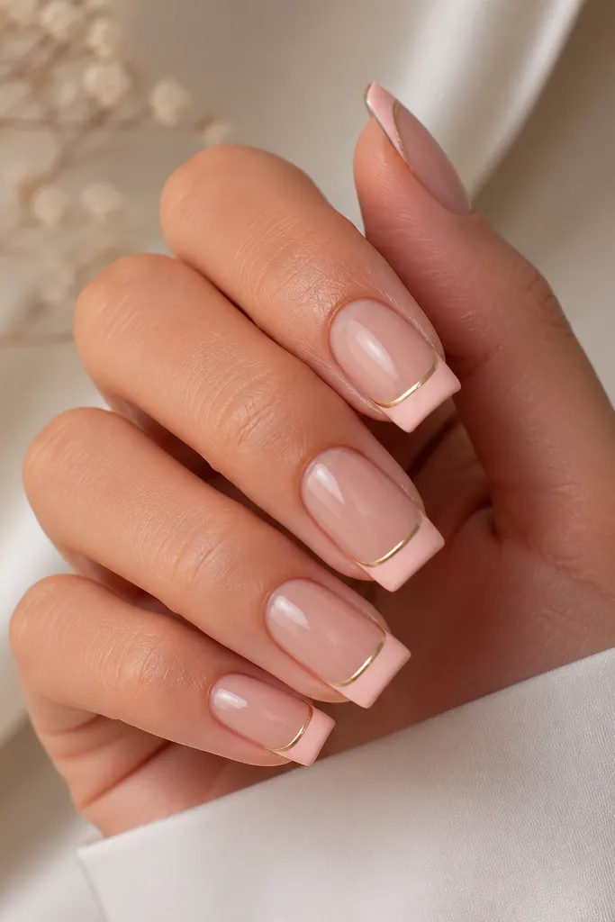 Medium square nails. Base is a soft rose nude. French tip is a pale blush band, and only the very top edge of the French is coated in champagne-gold chrome, creating a bright metallic rim.