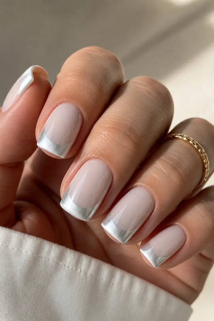 Square nails with a sheer milky base. French tip is icy white, and the chrome is applied in a gradient from the center toward the outer corners, giving a fading mirror effect.