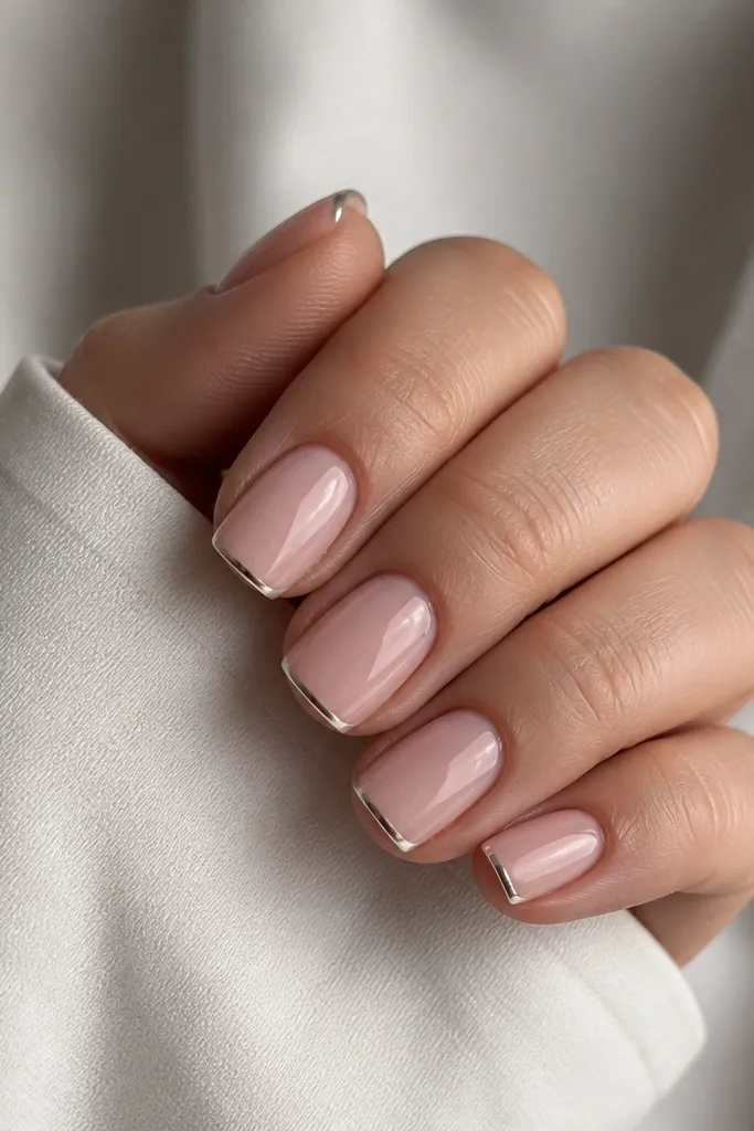 Square nails with nude pink base. Instead of a full French band, there's a super-thin white line at the very edge of the tip. That thin white line is chrome-coated, creating a razor line of mirror metal.