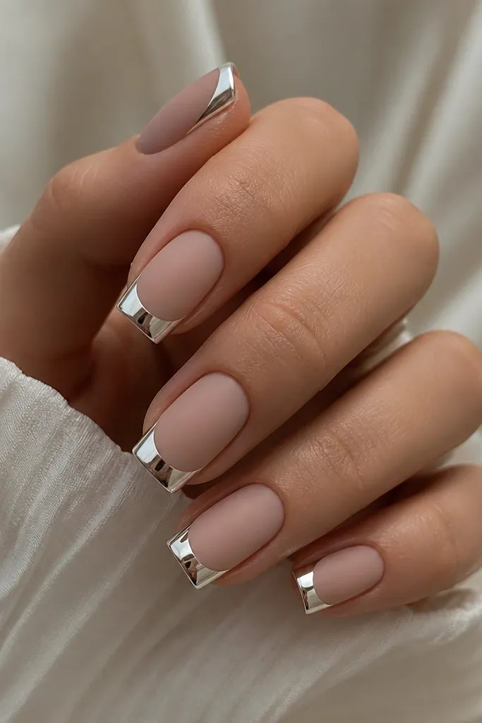 Square nails where the base is matte nude. The French tip is glossy white and coated in mirror chrome, so the tip reflects sharply while the rest looks soft and velvety.