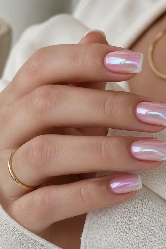 Square nails with a pearl white French tip. Chrome overlay is iridescent, showing pink and blue shifts across the mirror surface. Base is a soft sheer pink.